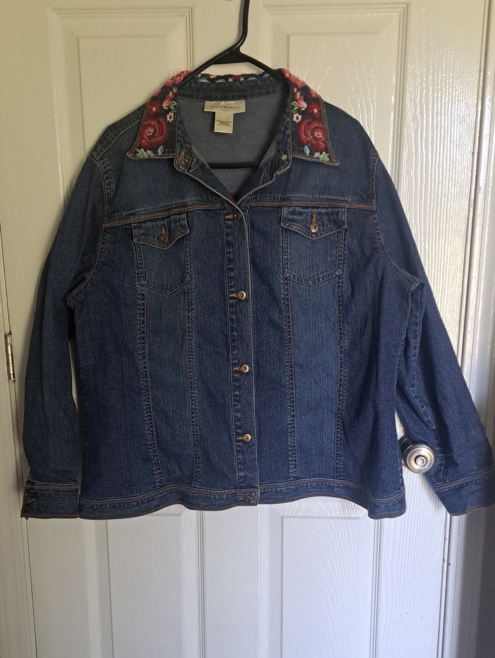 Susan Bristol Dark Blue Denim Jacket with Red Embroidered Collar